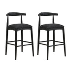 Set of 2 black fabric bar stools featuring curved backrests and sturdy rubberwood frames, ideal for stylish home bar or breakfast nook.