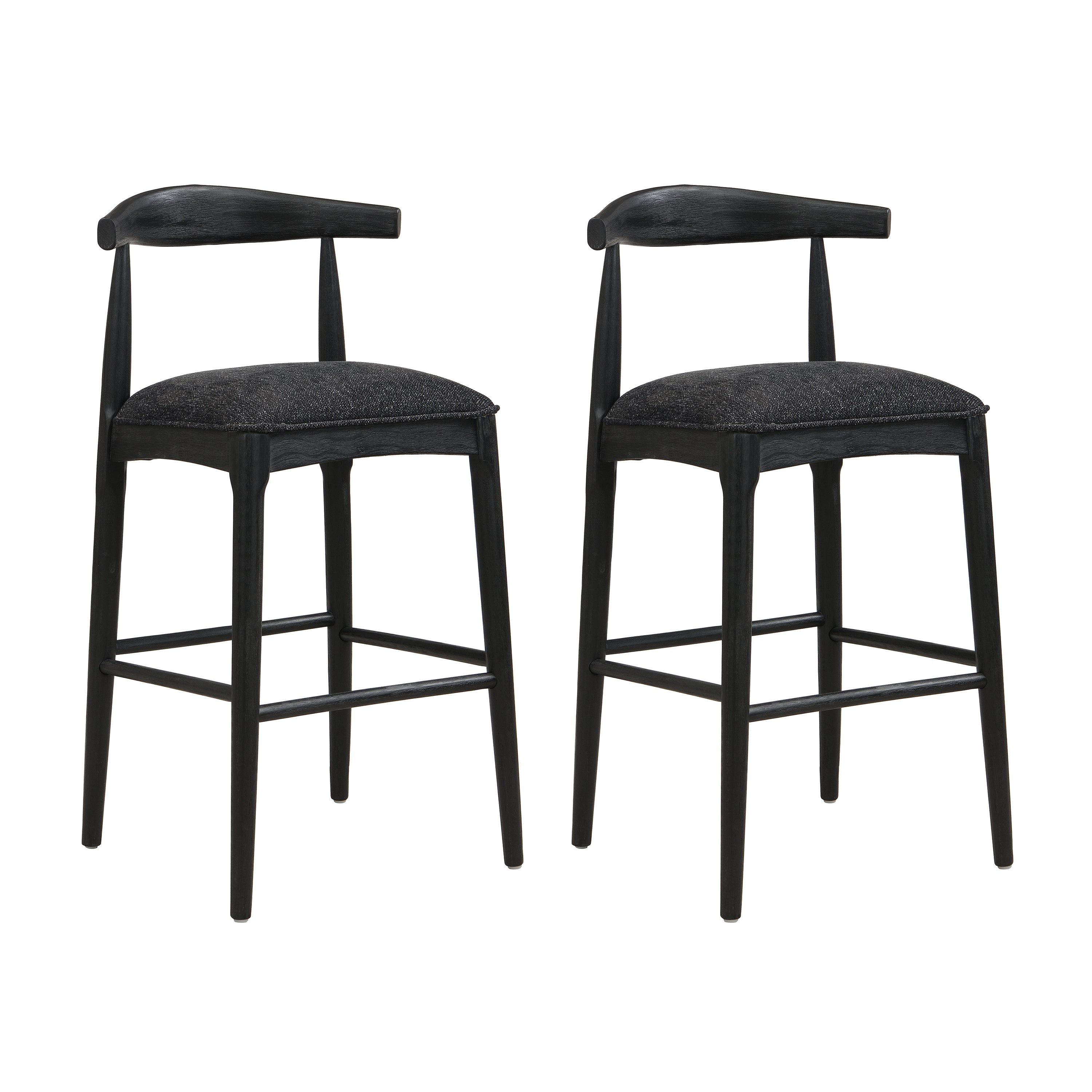 Set of 2 black fabric bar stools featuring curved backrests and sturdy rubberwood frames, ideal for stylish home bar or breakfast nook.