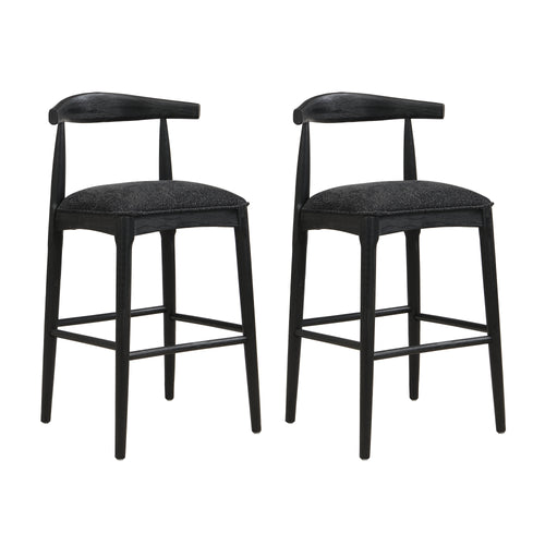 Set of 2 black fabric bar stools featuring curved backrests and sturdy rubberwood frames, ideal for stylish home bar or breakfast nook.