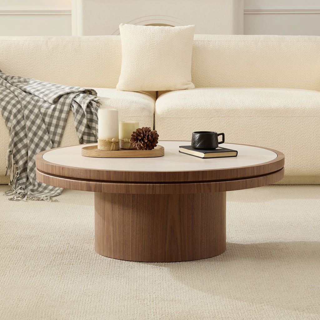 35-Inch Round Sintered Stone Coffee Table with Walnut Pedestal Base