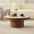 35-Inch Round Sintered Stone Coffee Table with Walnut Pedestal Base