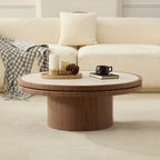 35-Inch Round Sintered Stone Coffee Table with Walnut Pedestal Base