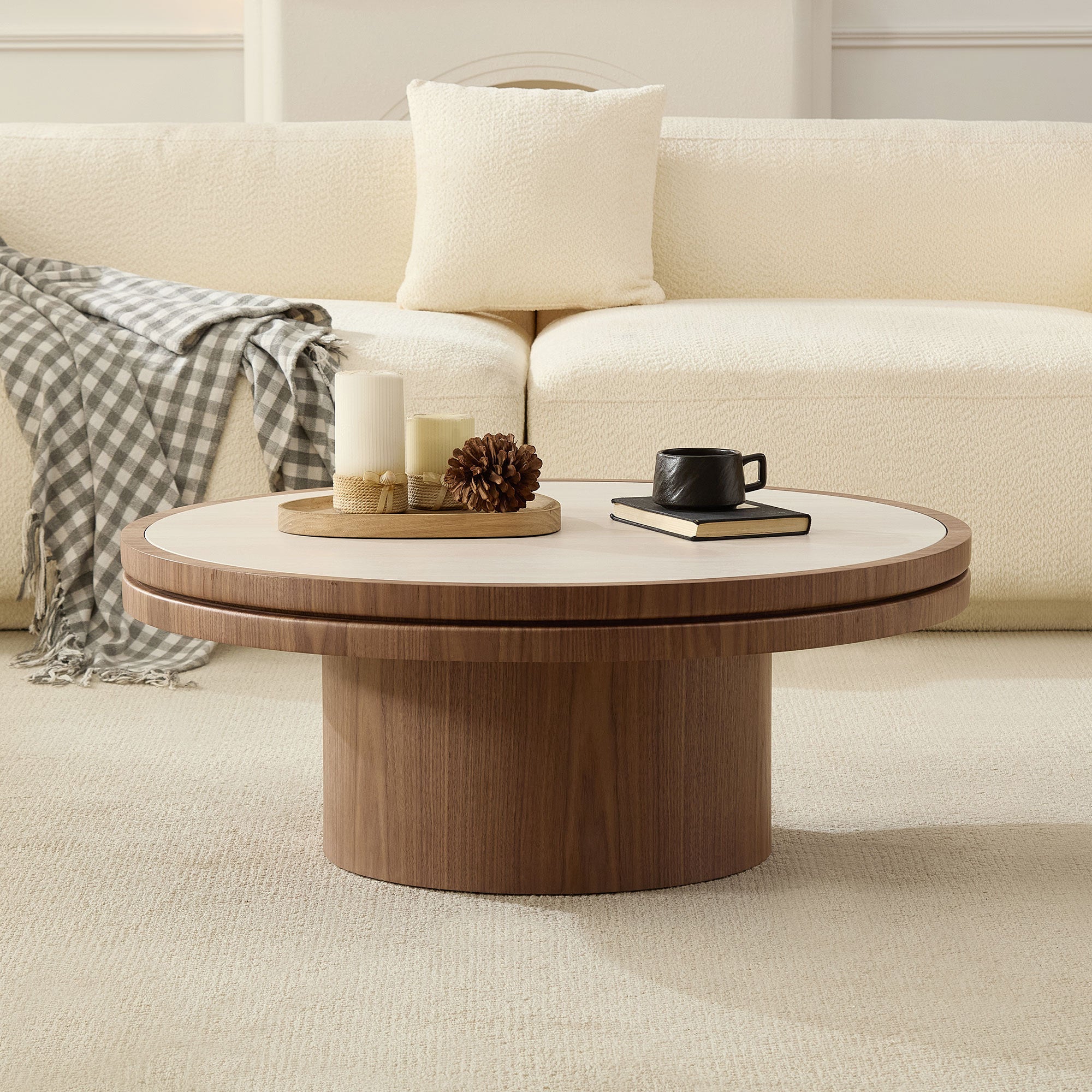 35-Inch Round Sintered Stone Coffee Table with Walnut Pedestal Base