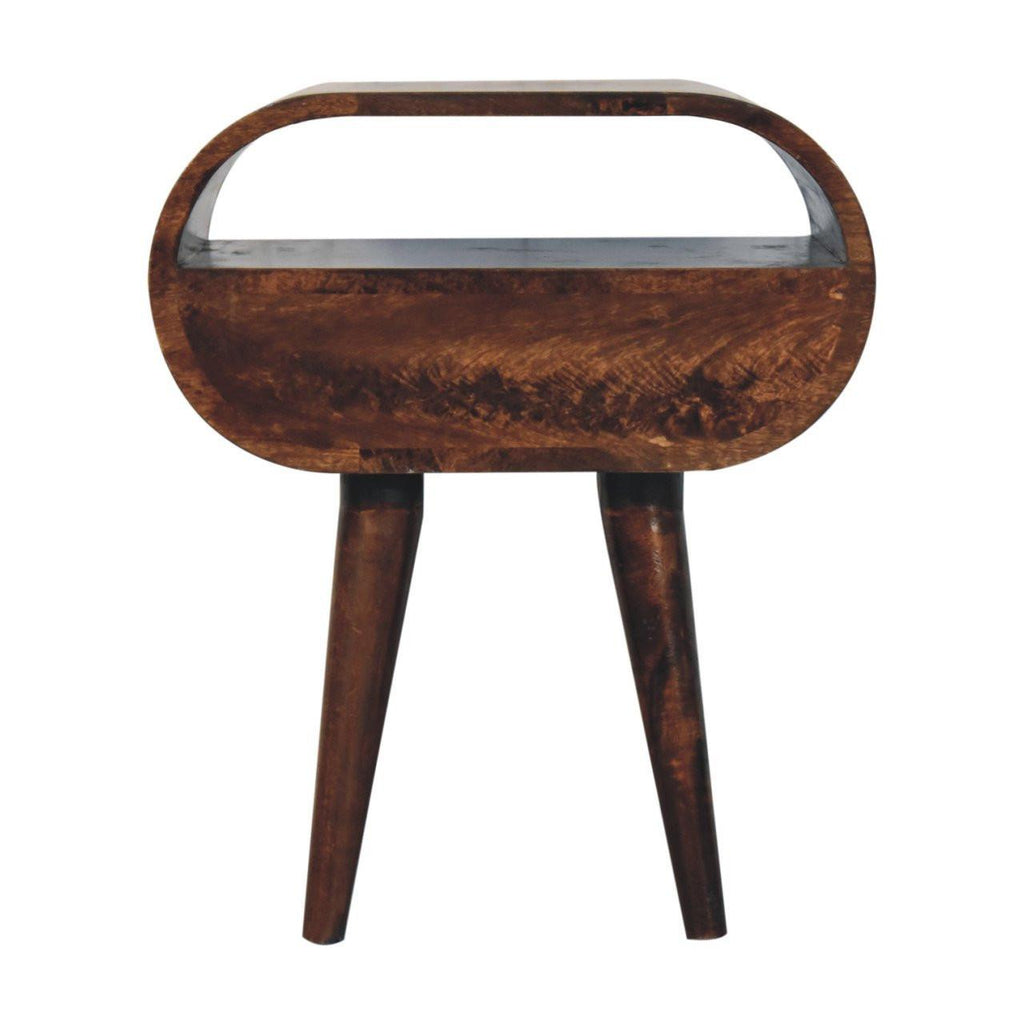 Solid Wood California Walnut Circular Bedside with 1-Drawer, Open Slot, Nordic Legs, Dark Brown.