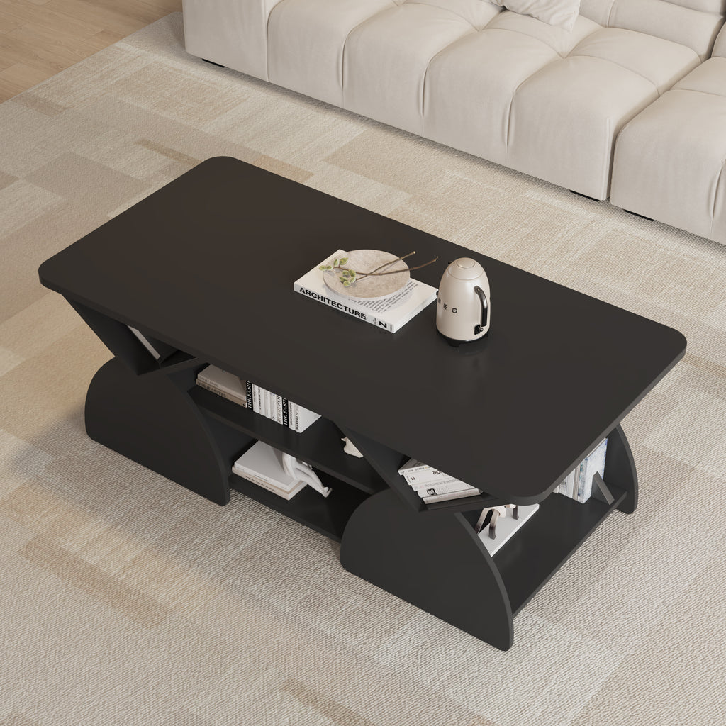 Top angled view of engineered wood coffee table with geometric storage design, styled with a tray and decor.