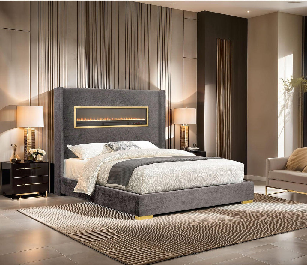 Gray Queen Size Upholstered Bed - Contemporary Style Furniture.