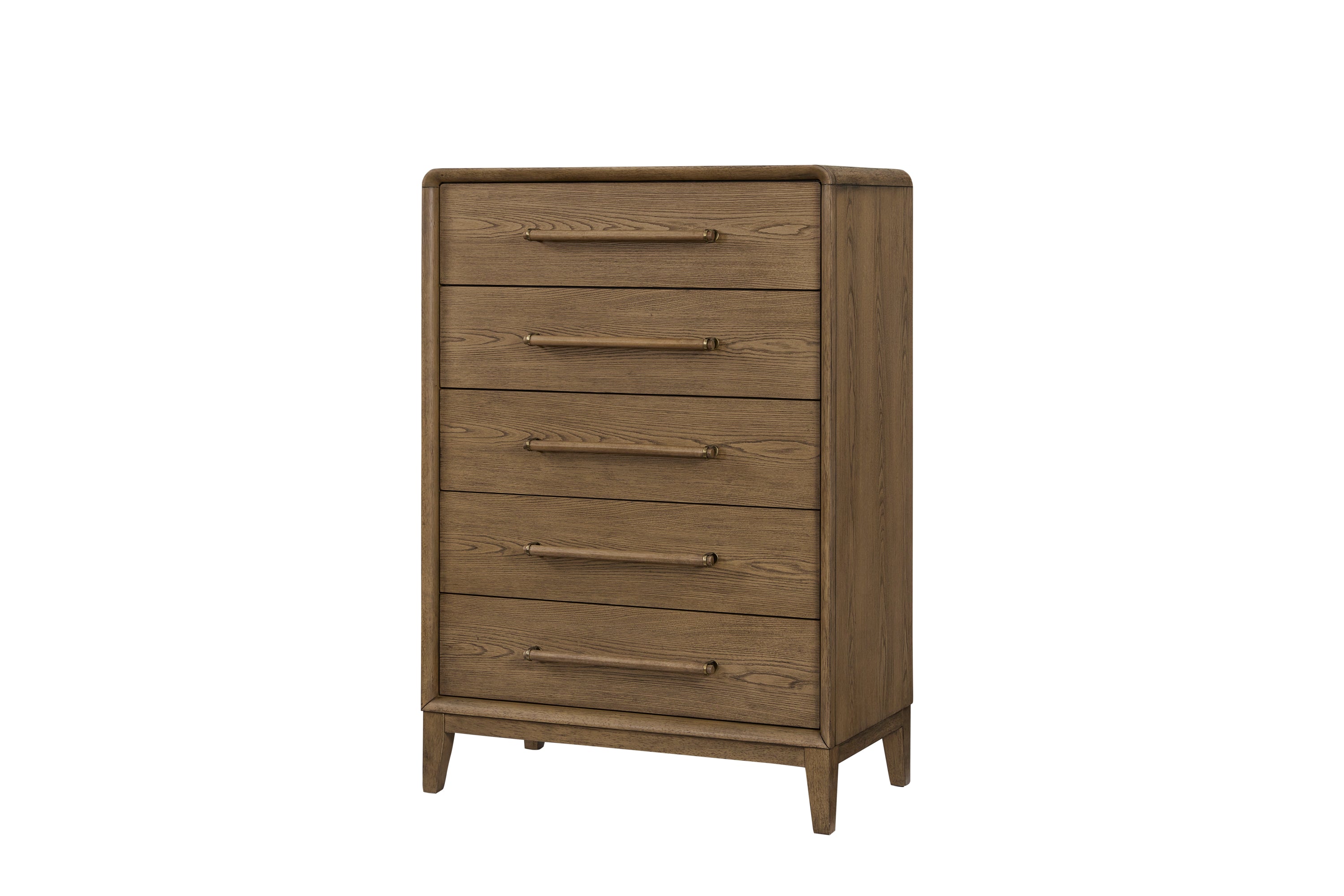 Angled view of Solid Wood Chest in Latte finish with five drawers, ideal for compact bedroom storage with a sleek, contemporary design.