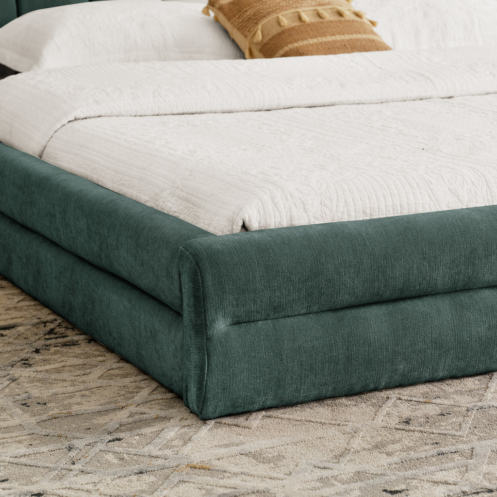 Close-up of chenille fabric bed frame corner, highlighting soft texture and detailed craftsmanship of king size upholstered bed.