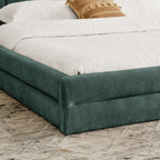 Close-up of chenille fabric bed frame corner, highlighting soft texture and detailed craftsmanship of king size upholstered bed.