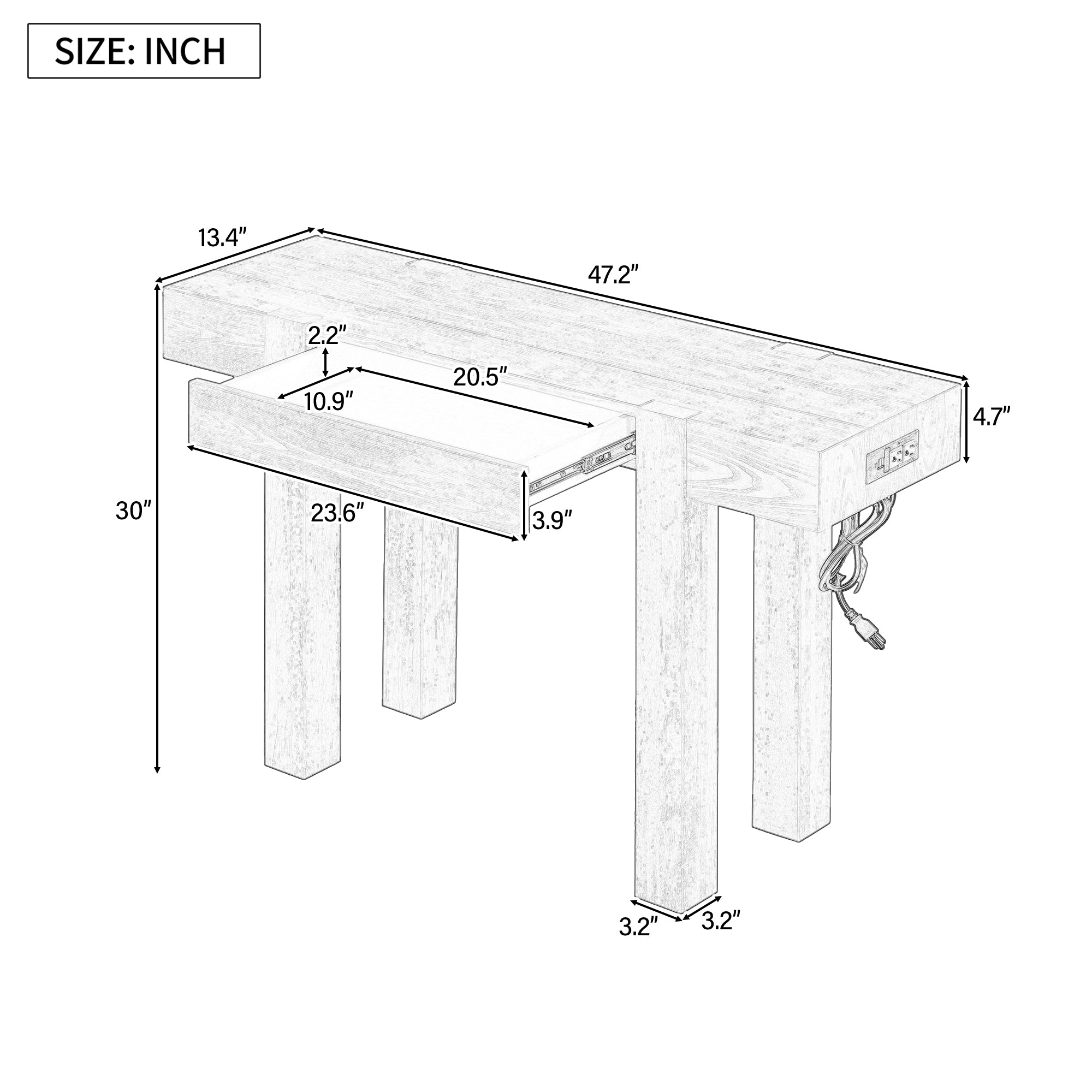Dimension diagram of rustic console table with power outlet and hidden drawer. Shows measurements in inches for accurate fitting.