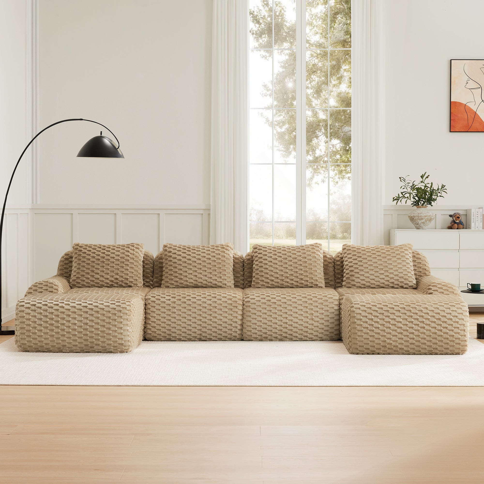4-Seater Modern Modular Sofa in U-Shaped design with textured flannelette fabric, offering ergonomic comfort and a sleek, contemporary look.
