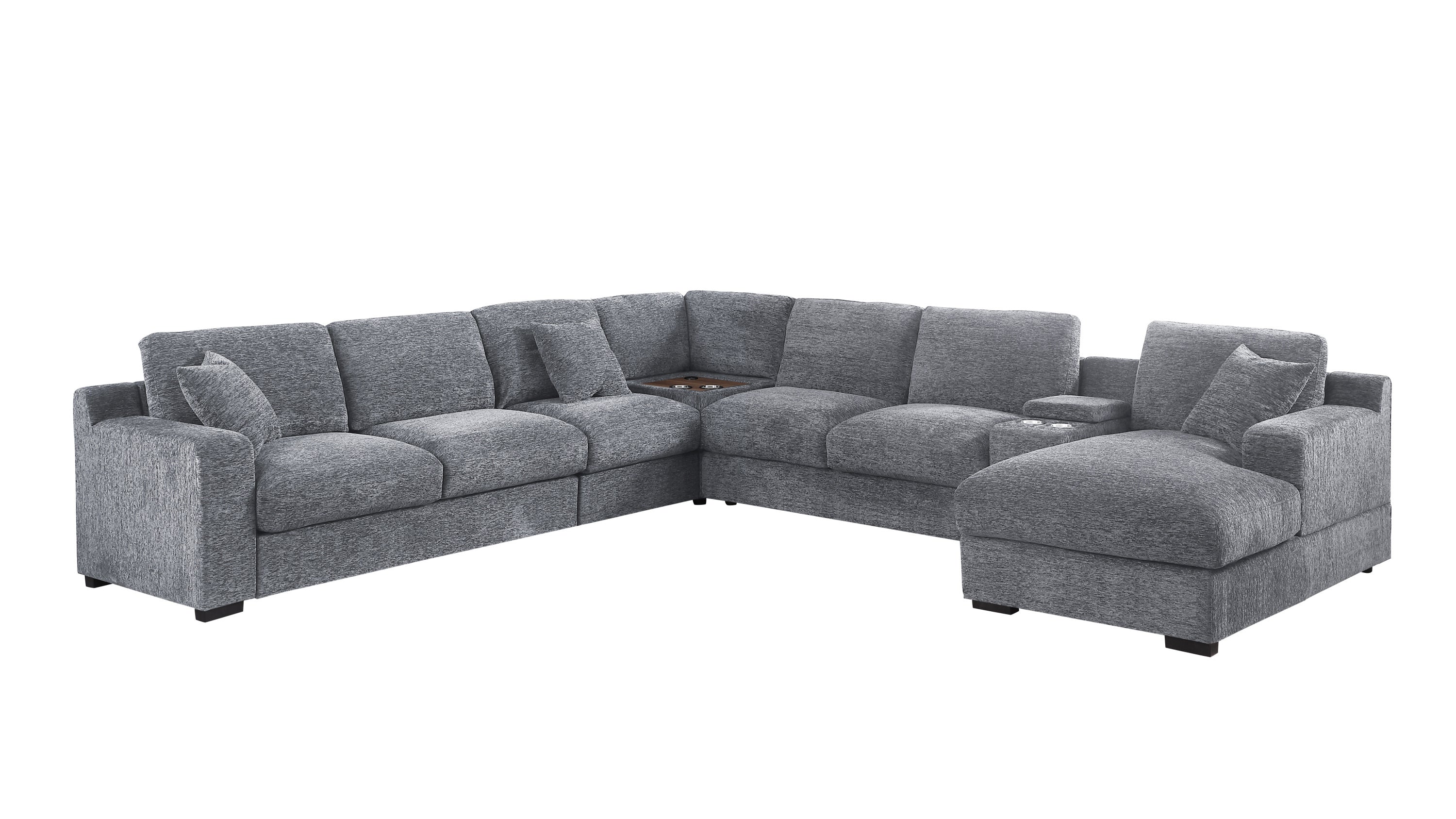 Spacious light gray sectional sofa with chaise and built-in cupholders and charging ports, ideal for tech-savvy households.