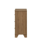 Walnut Color Six Drawers Dresser with Black Bar Pulls.