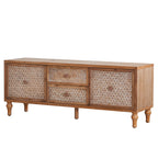 Studio product shot of the Rattan TV Stand Mid Century with Storage and Doors, featuring boho woven panels and wooden legs.