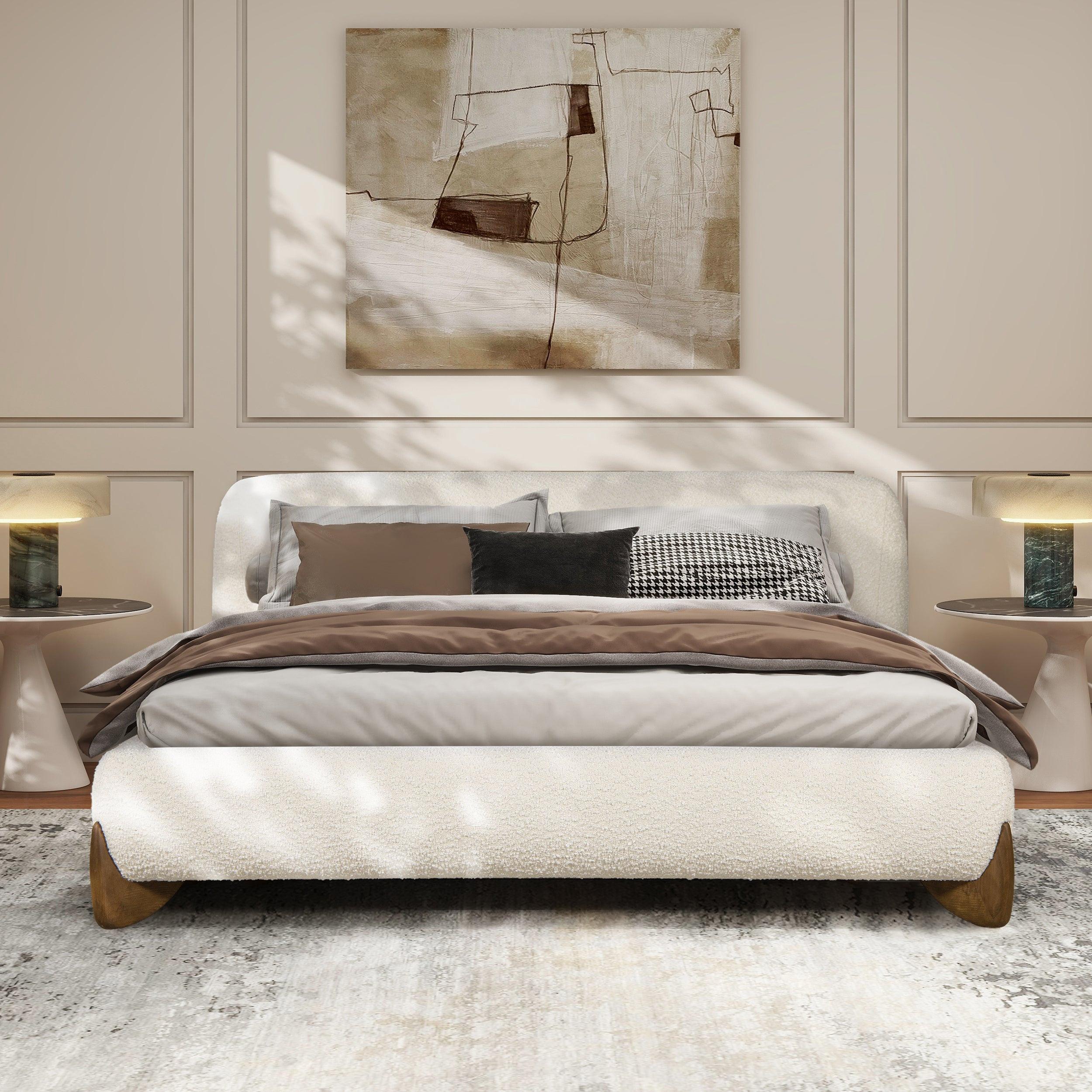 Alpine Platform Bed Queen in Ivory White Boucle.