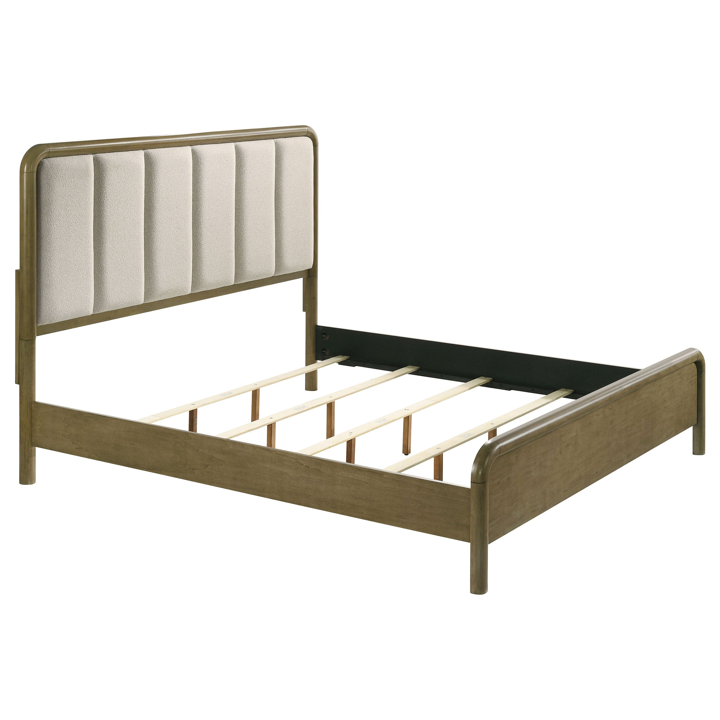 Nutmeg wood Eastern King bed frame with a beige bouclé upholstered headboard featuring vertical channel tufting.