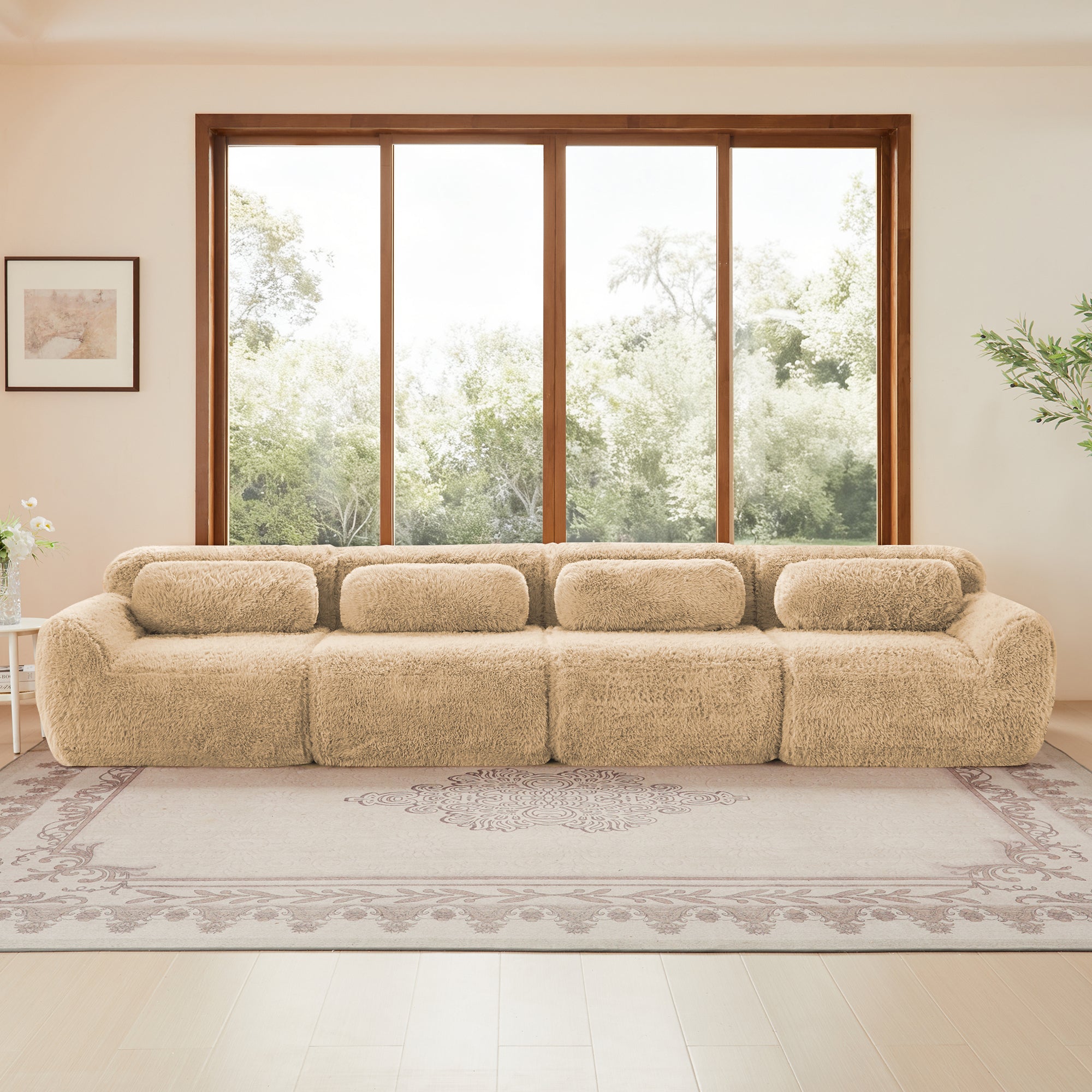 Extra-long Modular Plush Sofa - Light Khaki, featuring plush fabric and seamless design, ideal for spacious living areas.
