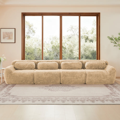 Extra-long Modular Plush Sofa - Light Khaki, featuring plush fabric and seamless design, ideal for spacious living areas.