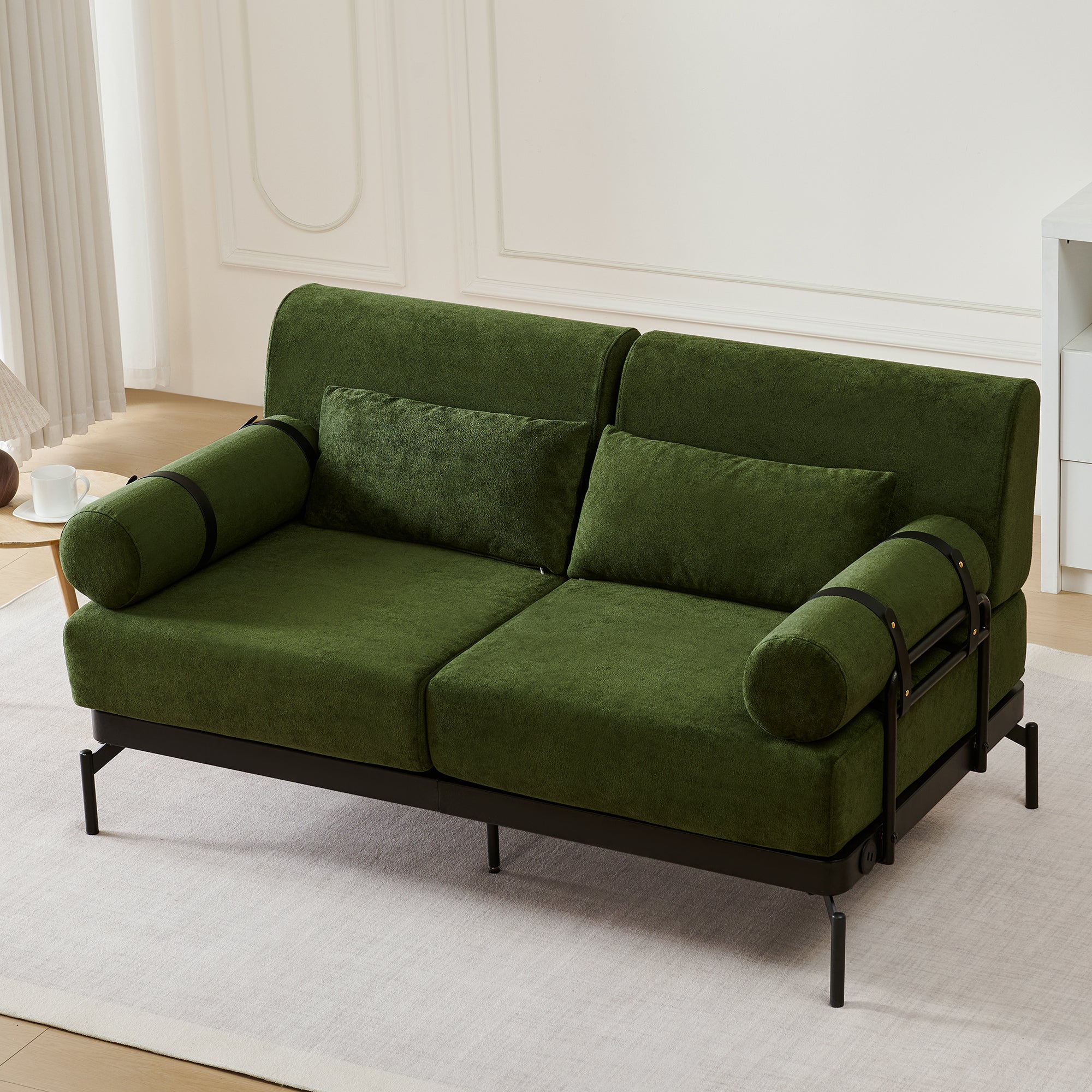 Modern Loveseat Sofa 2-Seater with USB Ports, Cylindrical Armrests, Green Chenille, 59 Inch
