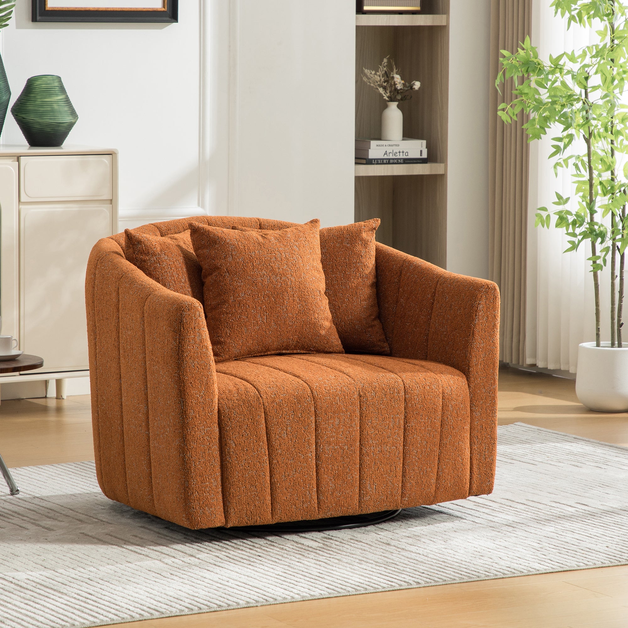 39-Inch Orange Chenille Swivel Barrel Chair with 3 Accent Pillows
