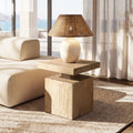Square reclaimed elm plinth side table in light natural brown with a solid, block-style rustic design.