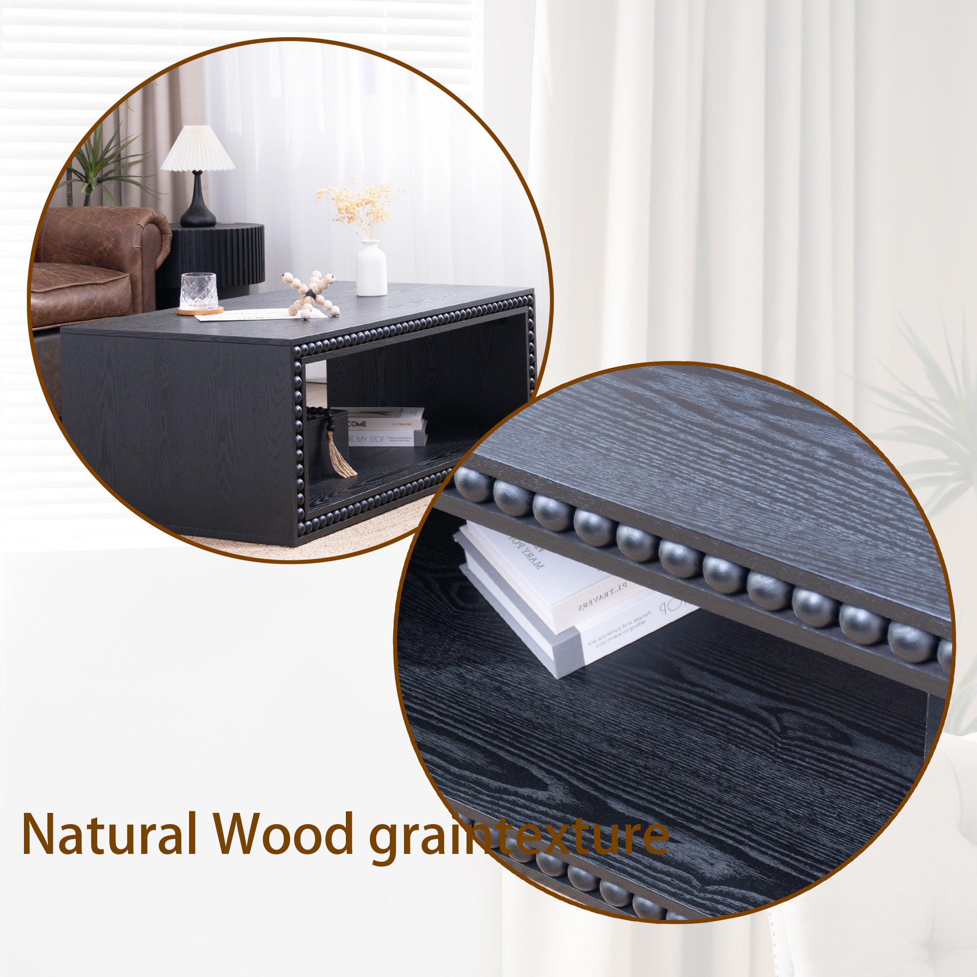 Natural wood grain texture of Black Beaded Coffee Table with Storage Shelf highlighted in close-up and room setting views.