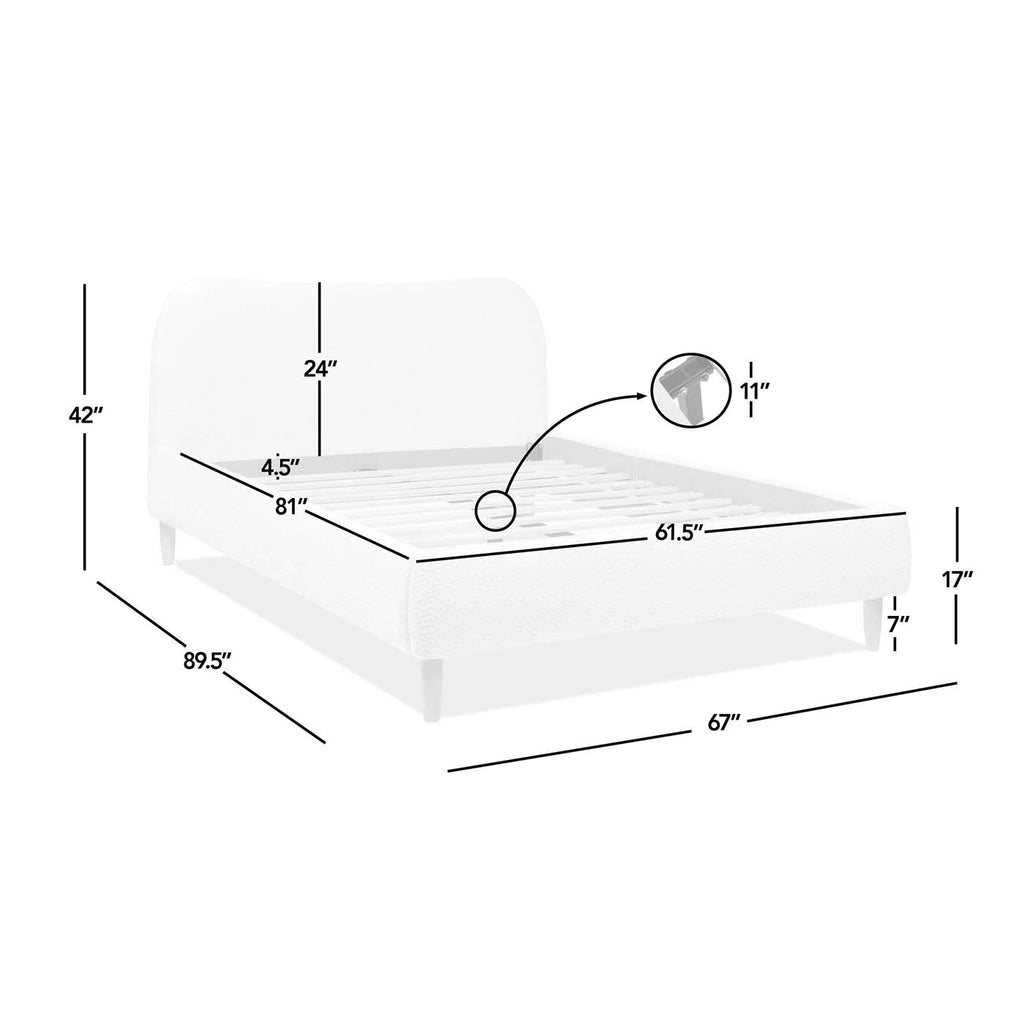 Platform Bed - Beige Upholstered Curved Headboard with labeled measurements for frame height, width, and slat spacing to guide buyers.