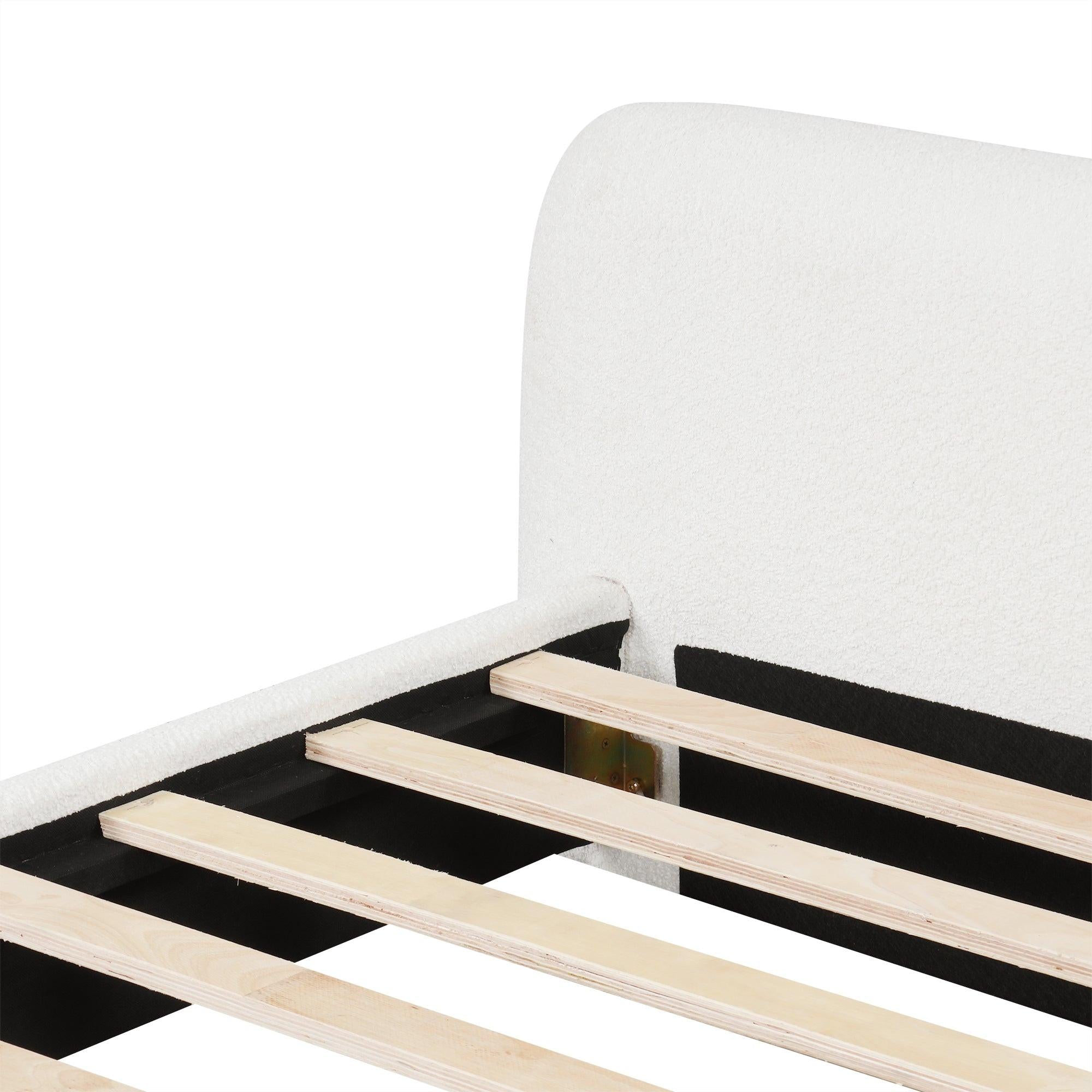 Cozy Upholstered Queen Bed in White Boucle.