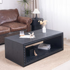 Modern Black Beaded Coffee Table styled in a living room with open storage shelf for books and decor, perfect for farmhouse aesthetics.