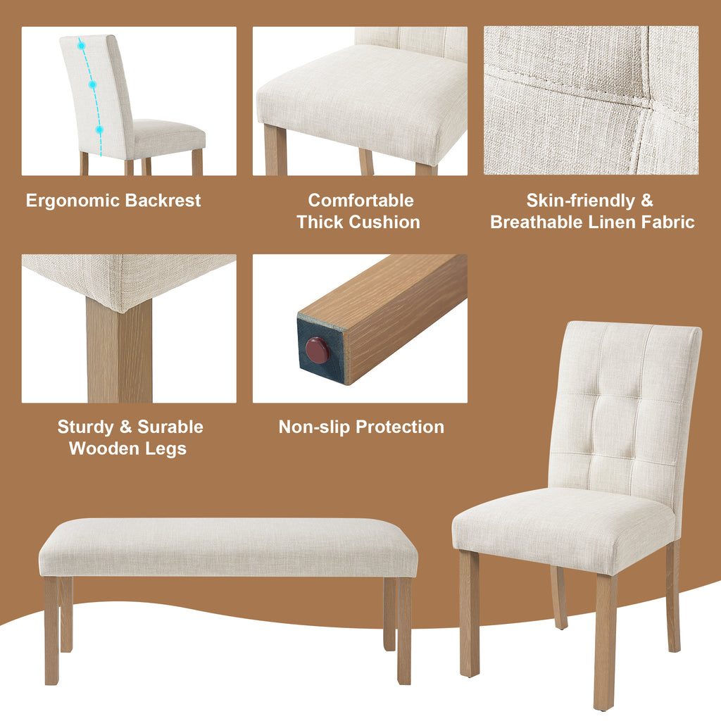 6-Piece Modern Dining Set, Rectangle Kitchen Table with 4 Upholstered Chairs & Bench, Ideal for Dining Room and Living Room, (Easy Assembly, Space Saving)