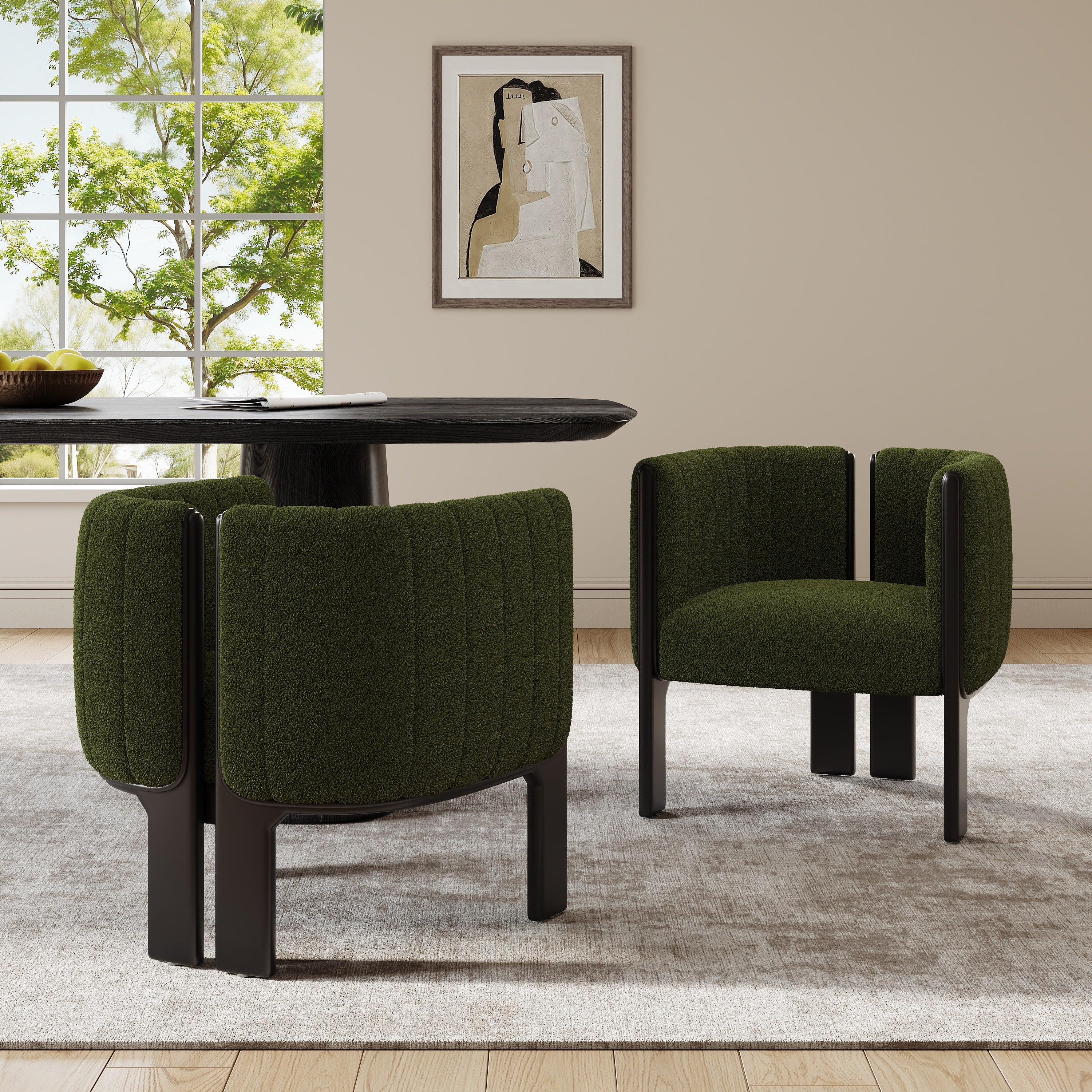 Chic olive green dining chairs set with curved backrest and black legs, styled in a modern dining room with natural light and minimalist decor.