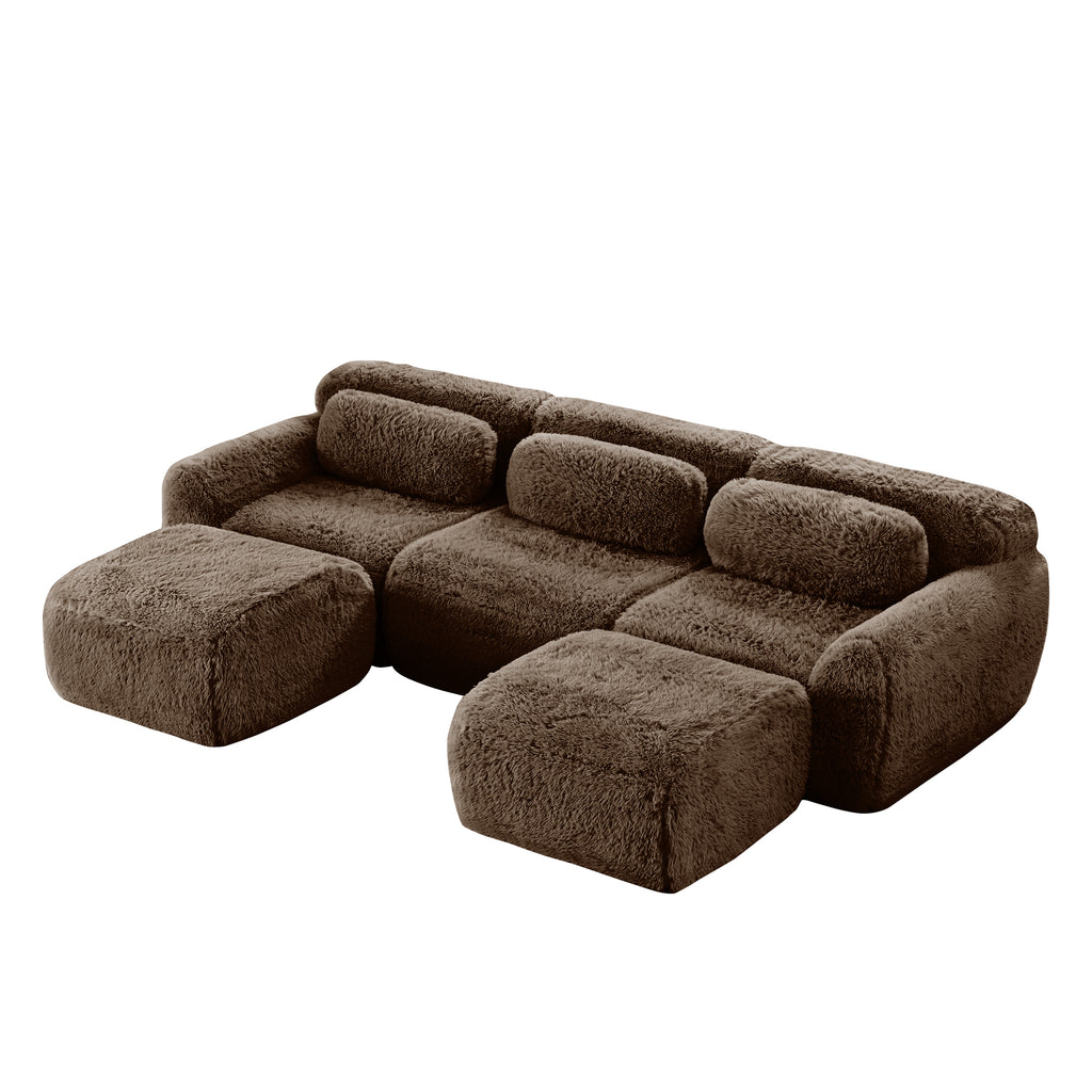 Angled view of chocolate modular U-shaped sofa featuring plush fabric and deep seating for maximum relaxation and support.