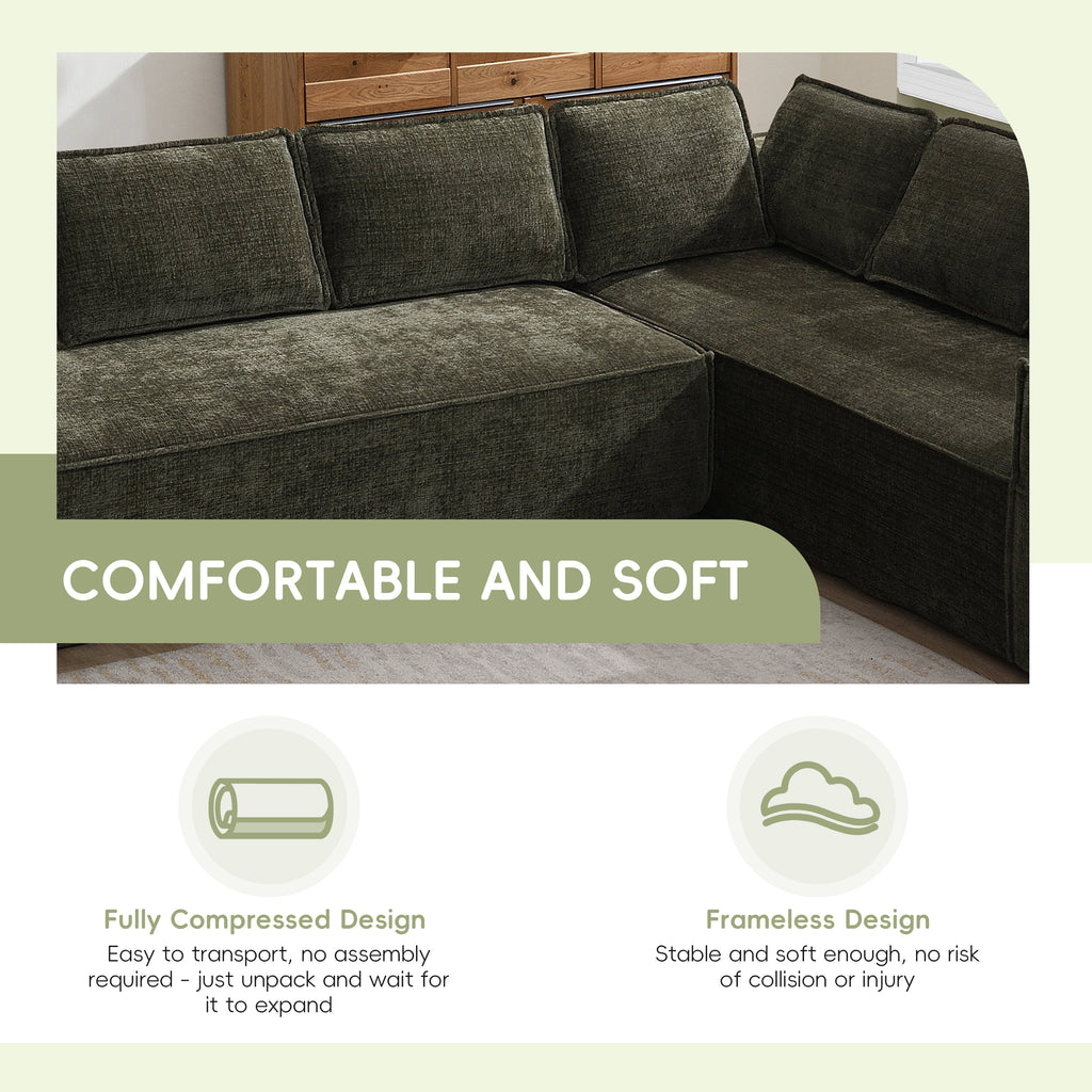 Close-up of chenille sectional sofa showing soft cushions and frameless design for comfort and safety in modern living spaces.