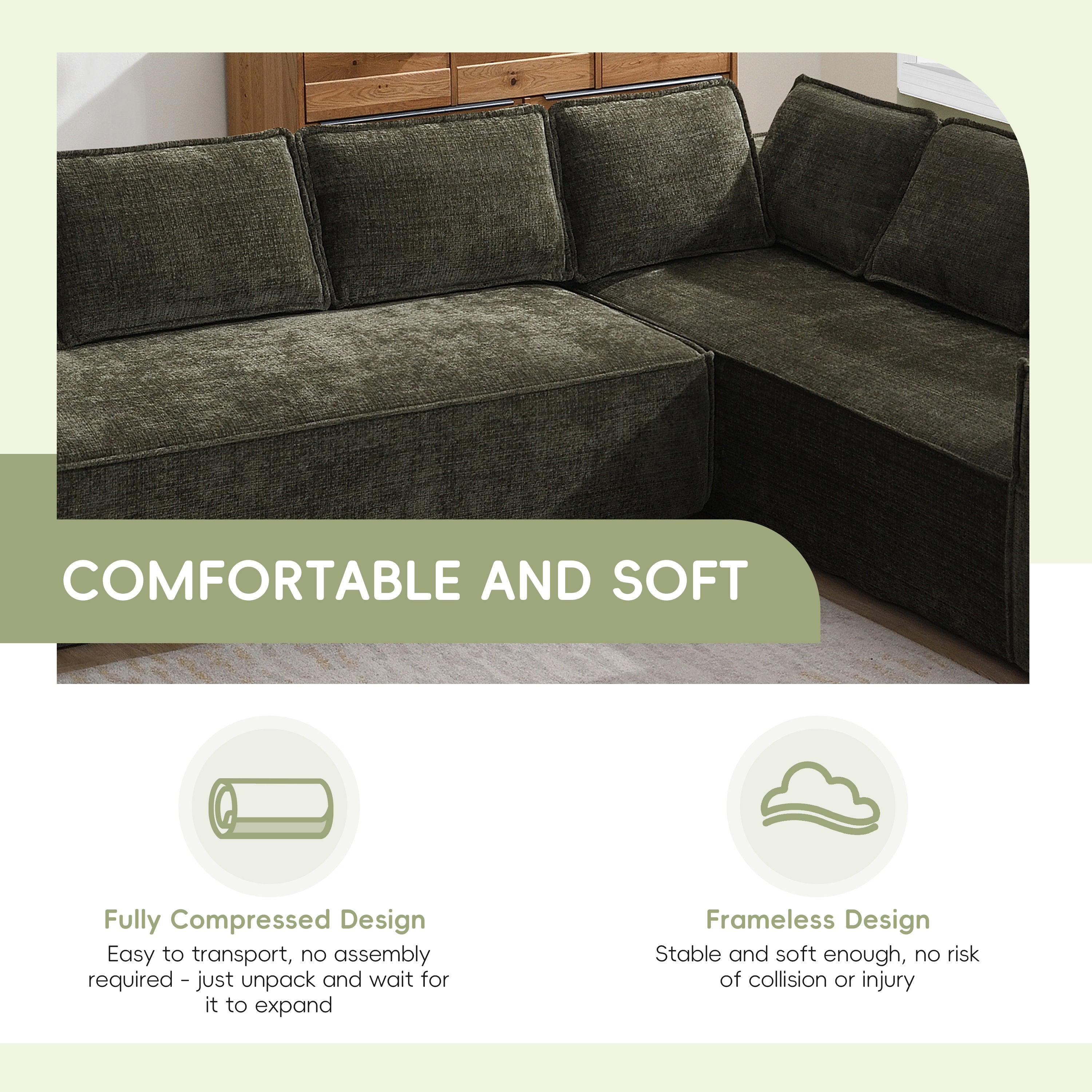 Close-up of chenille sectional sofa showing soft cushions and frameless design for comfort and safety in modern living spaces.