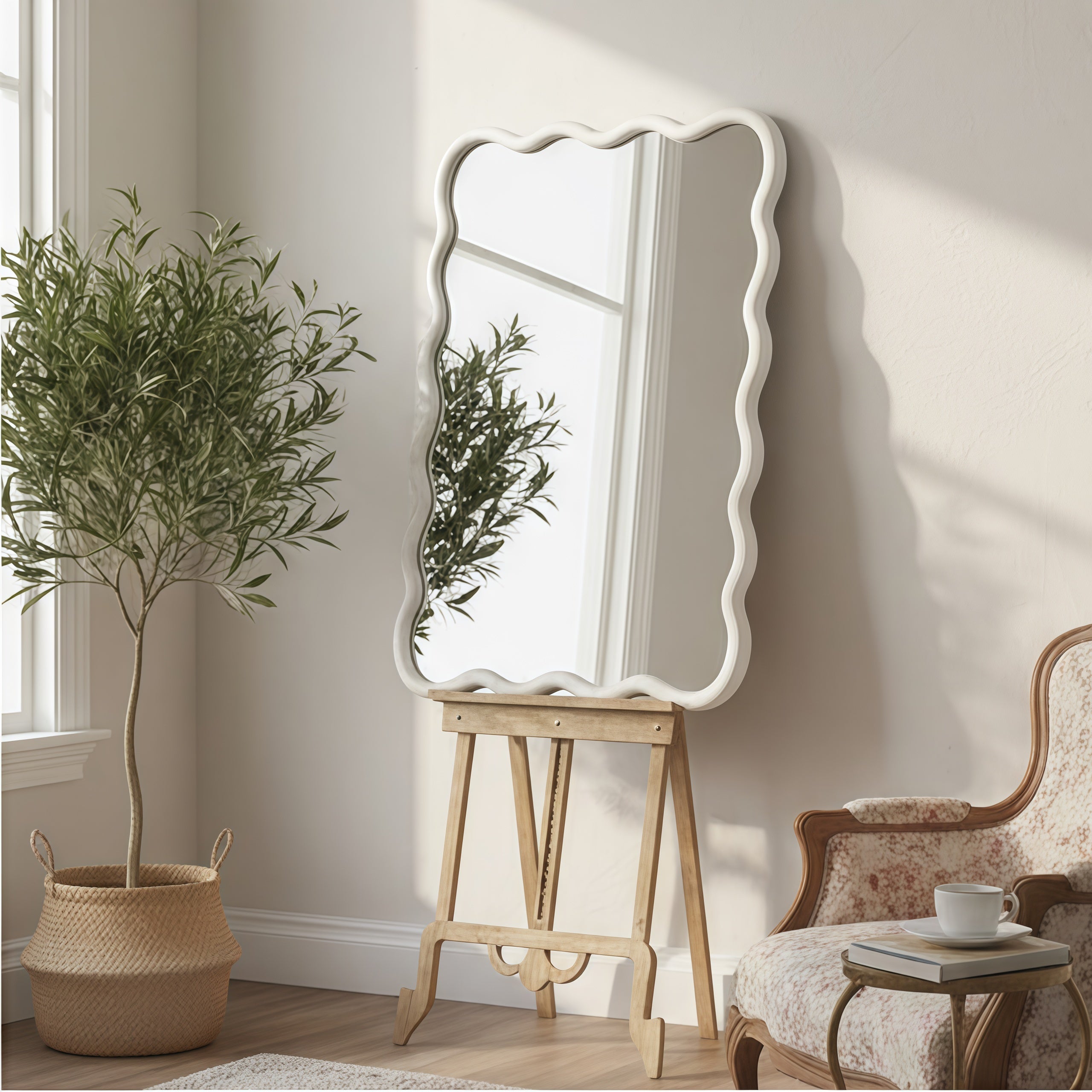 White Color 24'x36' Wavy Rectangle Solid Wood Frame Decorative Mirror,For Bedroom, Bathroom, Living Room, Entryway
