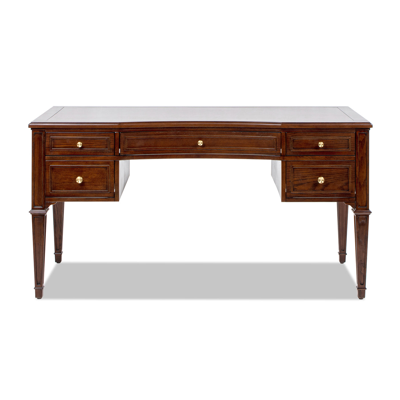 Front view of Executive Desk 5-Drawer Wood - Gold Accents showing symmetrical drawer layout and polished wood finish.