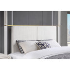 Malco Queen Oak Four Post Bed with Gold Accents and Upholstered Headboard in Rubber Wood