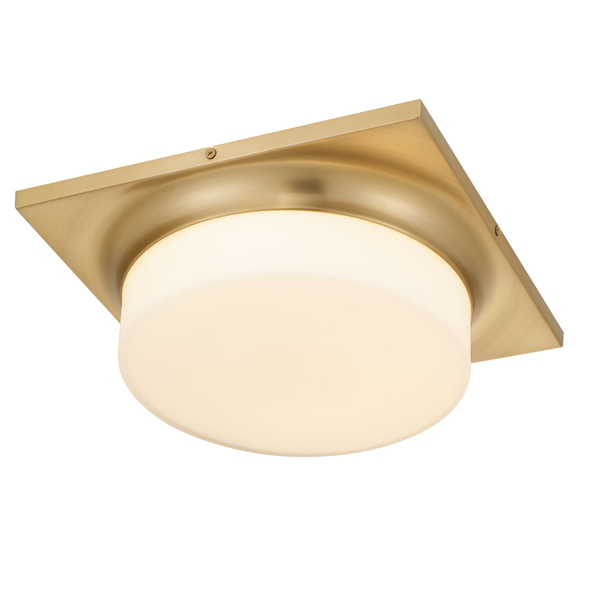 Lit Antique Brass LED Flush Mount Light Fixture showcasing warm illumination and elegant brass frame for ceiling lighting.