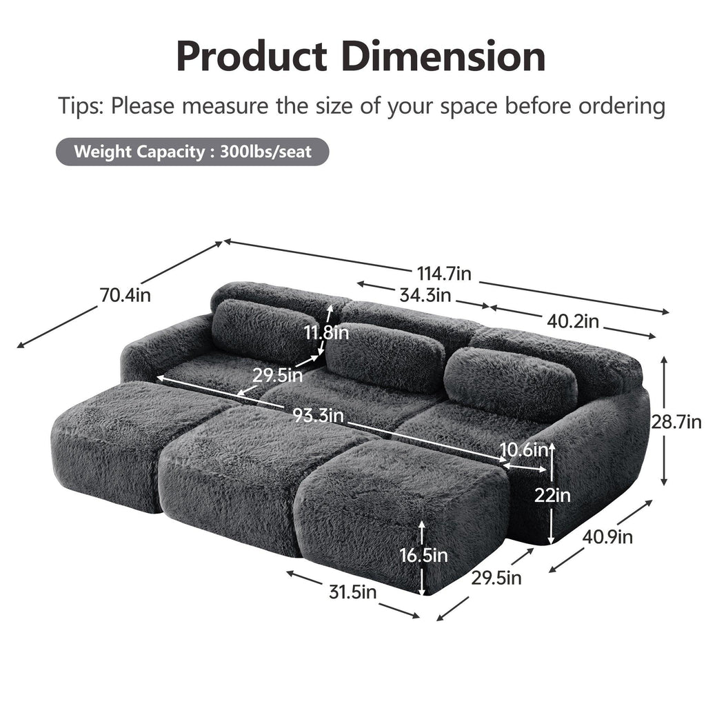 Modular 3-Seater Plush Sofa with Movable Ottoman - Dark Grey.