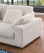 Armrest and cushion detail of Beige Corduroy Corner Sofa, showcasing thick padding and soft ribbed fabric for comfort.