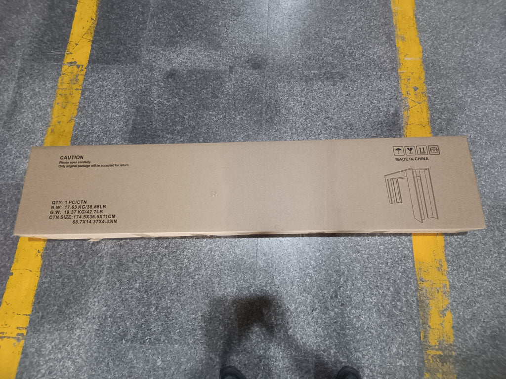 Farmhouse Oak Console Table - Extra-Long Entryway Table packaged in a flat box for easy shipping and assembly, labeled with product details.