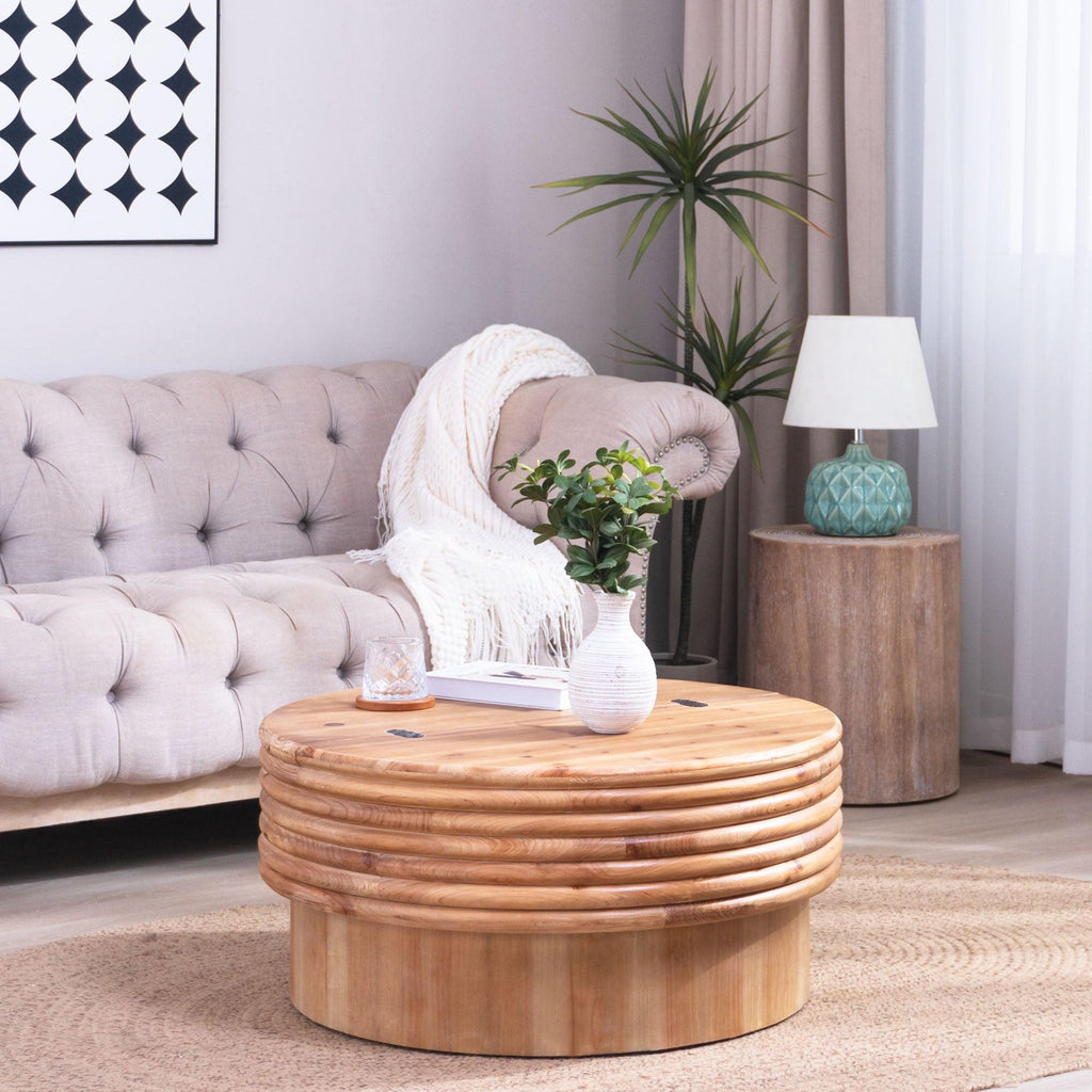 Round Wooden Coffee Table with Hidden Storage – 30.3' Modern Rustic Centerpiece for Living Room,  Natural Finish, Lift-Top Lid,.