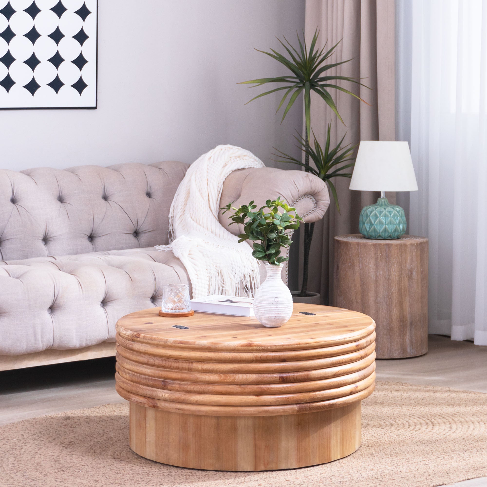 Natural finish Round Wooden Coffee Table with Storage placed in a modern rustic living room, complementing neutral-toned furniture.