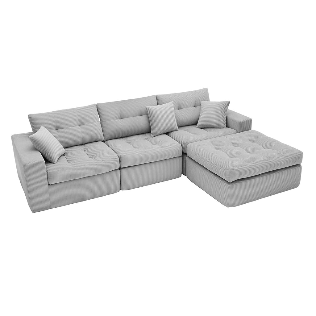 Corduroy L-Shaped Sectional Sofa with Chaise in Light Gray