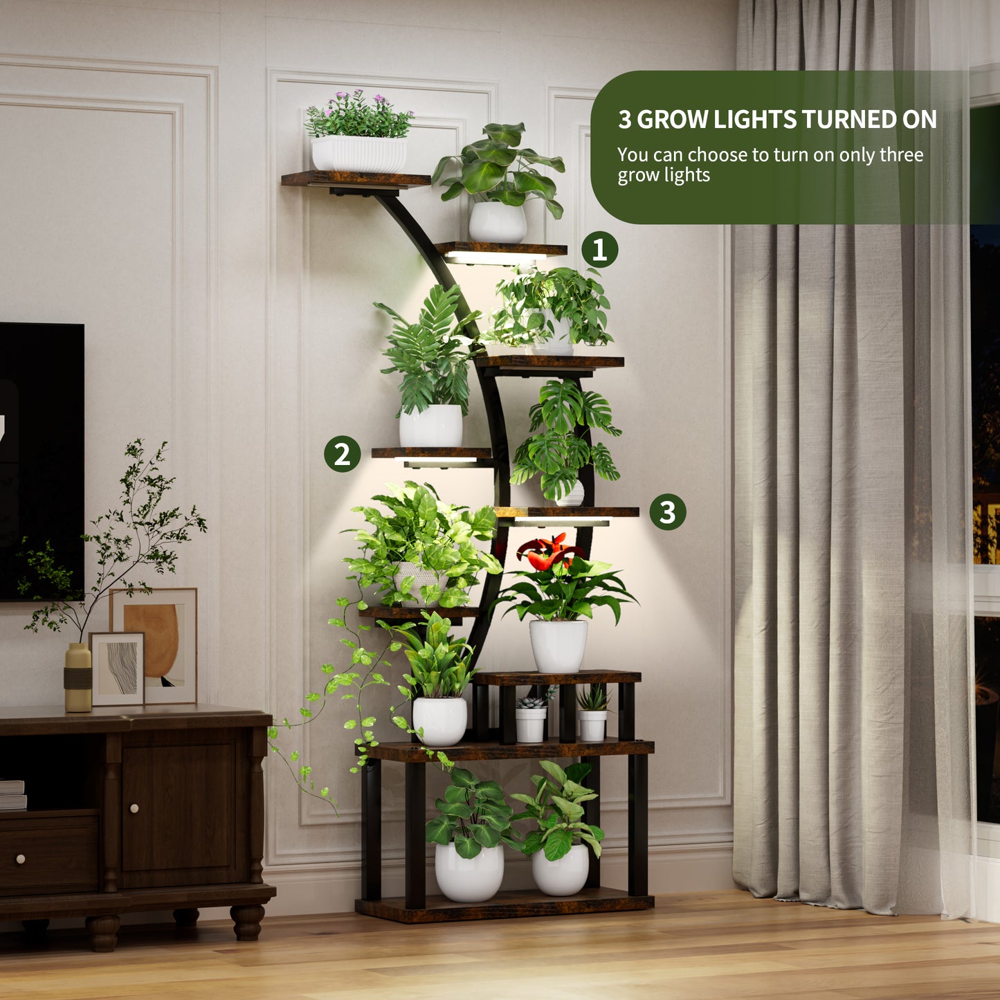 Plant Stand indoor 9-Tiered , 63.6' Tall Plant Stand with 5 Grow Lights, Adjustable Lighting Modes (5/3/2 Lights), 10-Level Dimming & 3 Timer Settings, Energy-Efficient, Perfect for Plant Growth