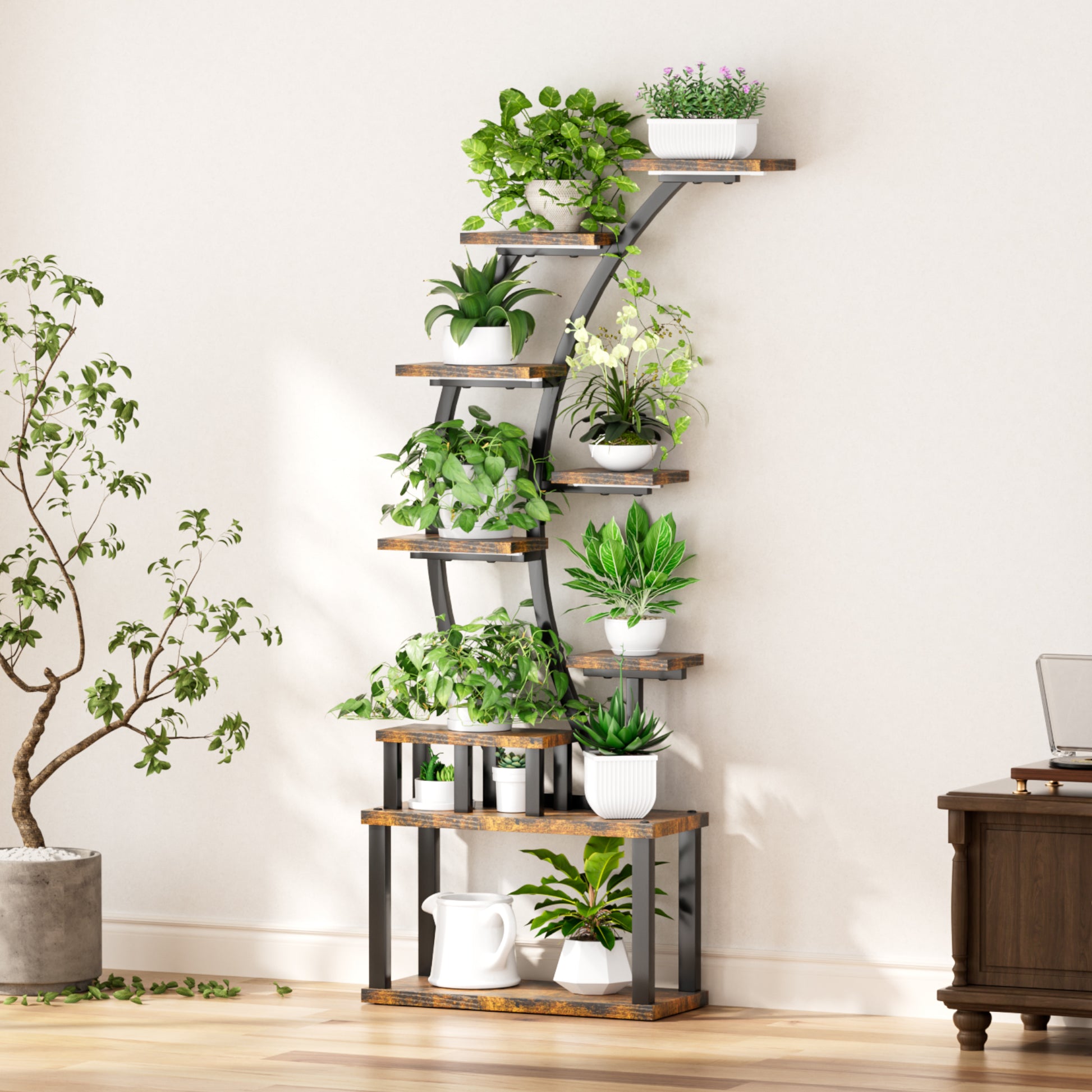 Plant Stand indoor 9-Tiered , 63.6' Tall Plant Stand with 5 Grow Lights, Adjustable Lighting Modes (5/3/2 Lights), 10-Level Dimming & 3 Timer Settings, Energy-Efficient, Perfect for Plant Growth