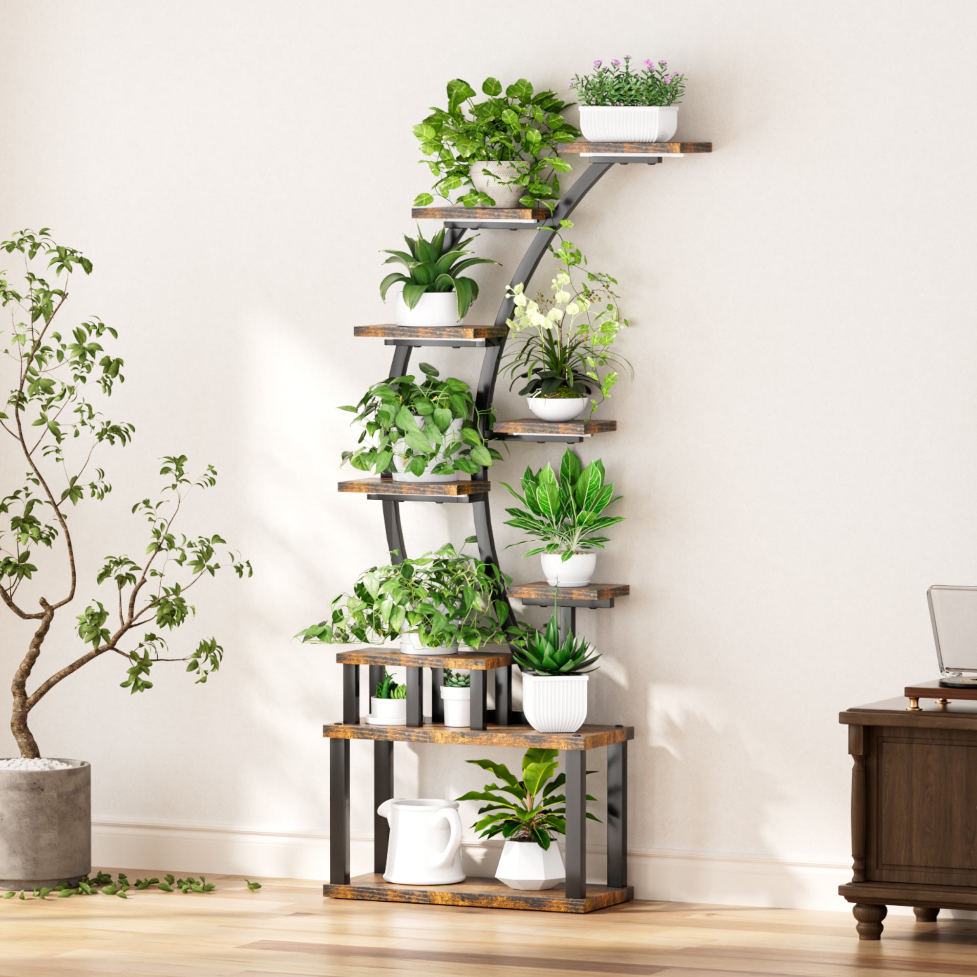Plant Stand indoor 9-Tiered , 63.6' Tall Plant Stand with 5 Grow Lights, Adjustable Lighting Modes (5/3/2 Lights), 10-Level Dimming & 3 Timer Settings, Energy-Efficient, Perfect for Plant Growth
