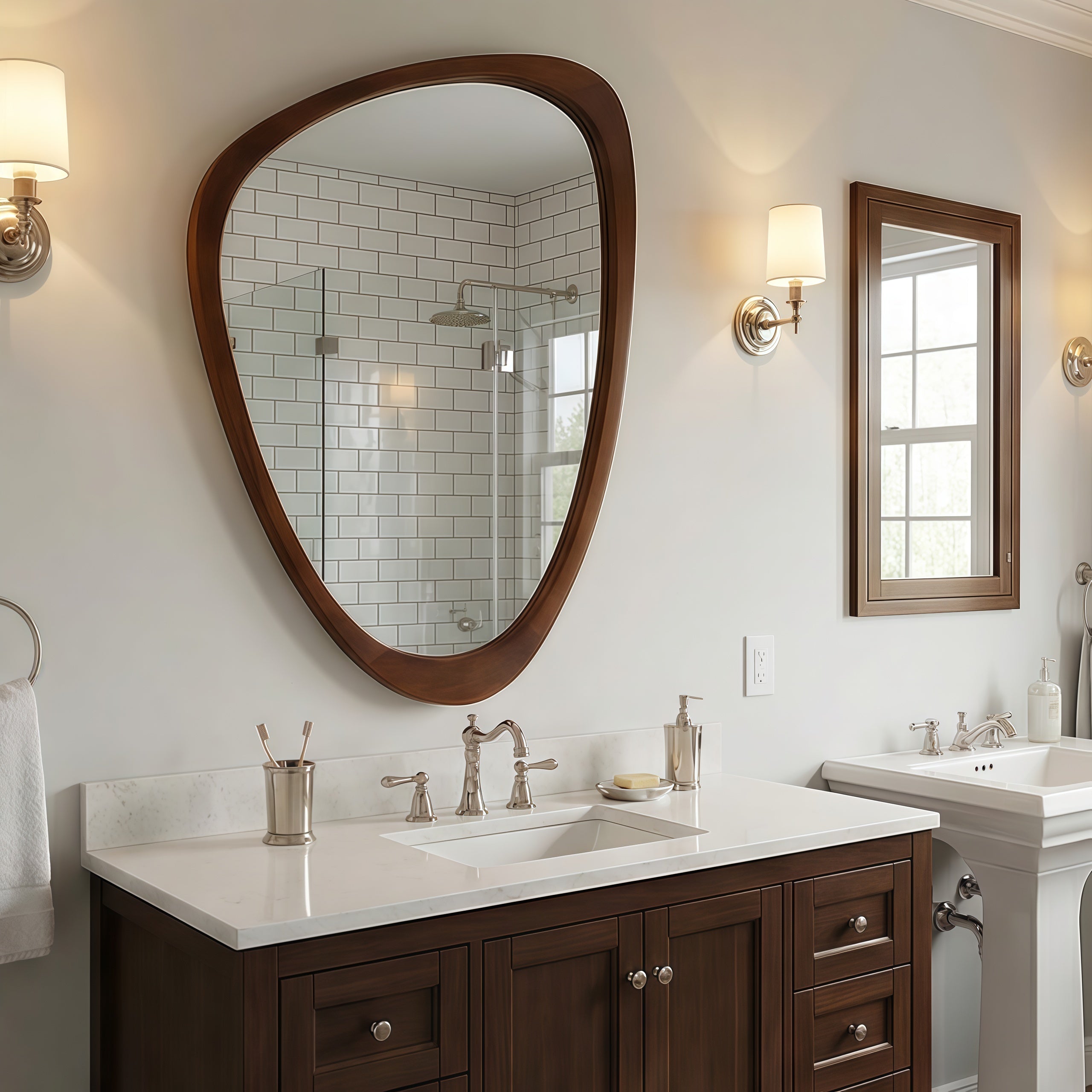 Irregular, organic-shaped decorative mirror with a rich black walnut wood frame, mounted above a modern bathroom vanity.