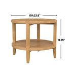 Maple Brown Round Wooden End Table with Shelf shown with dimensions 23.5-inch diameter and 19.75-inch height, perfect for compact spaces.