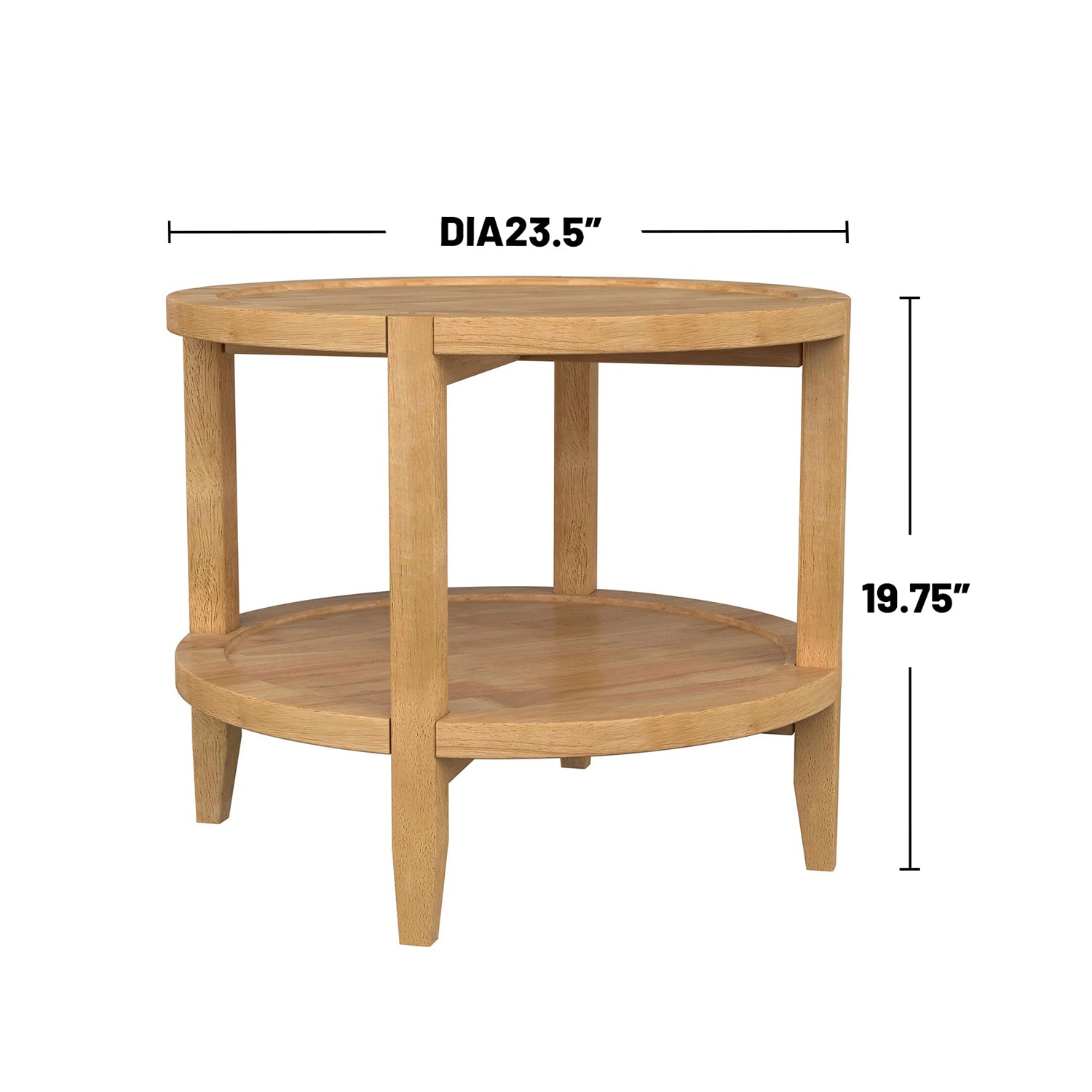Maple Brown Round Wooden End Table with Shelf shown with dimensions 23.5-inch diameter and 19.75-inch height, perfect for compact spaces.